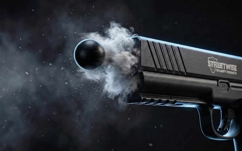 Pepper ball gun launcher firing a projectile that releases irritant powder for non-lethal self-defense