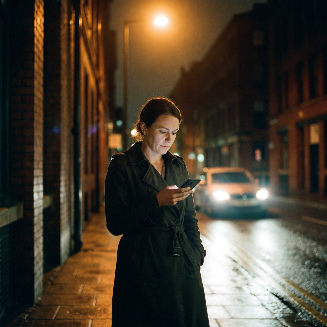 Woman waiting by the sidewalk for her rideshare car to arrive, monitoring her phone