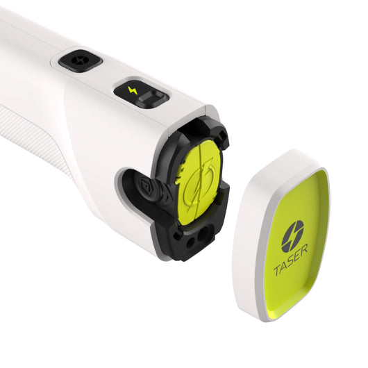 Taser Bolt 2 close up showing cartridge bay and safety cover for personal protection