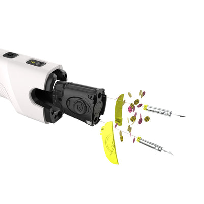 Exploded view of TASER Bolt 2 cartridge showing probes, wires, and confetti-style AFID tags