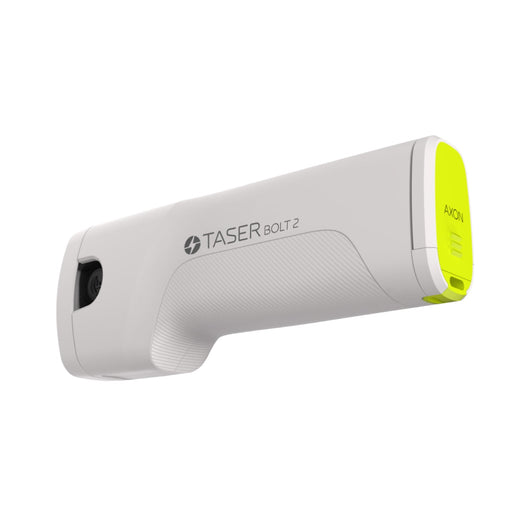 Rear view of TASER Bolt 2 self-defense device in white with yellow safety cap