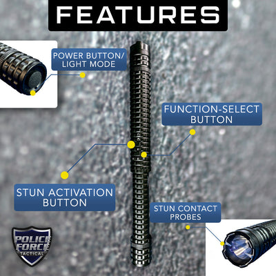 Police Force Tactical stun baton feature diagram with power button, light mode, function-select button, stun activation button, and contact probes
