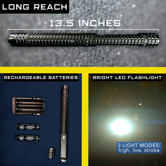 Police Force Tactical stun baton with 13.5-inch long reach, rechargeable batteries, and bright LED flashlight with three light modes: high, low, and strobe