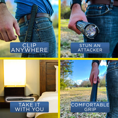 Police Force stun baton lifestyle images showing clip-on wear, attacker defense, travel portability, and secure grip in hand.