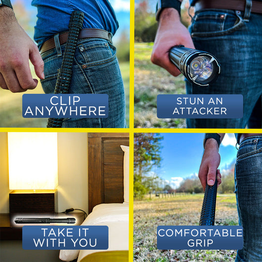 Police Force stun baton lifestyle images showing clip-on wear, attacker defense, travel portability, and secure grip in hand.