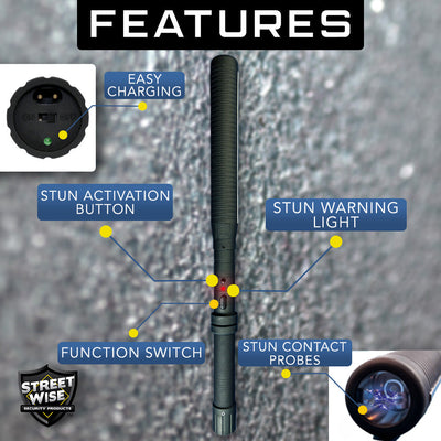 Streetwise stun baton feature diagram highlighting easy charging port, stun activation button, function switch, stun warning light, and stun contact probes