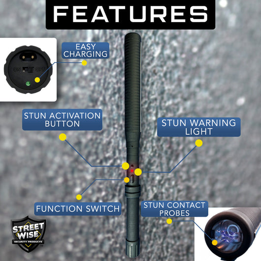 Streetwise stun baton feature diagram highlighting easy charging port, stun activation button, function switch, stun warning light, and stun contact probes