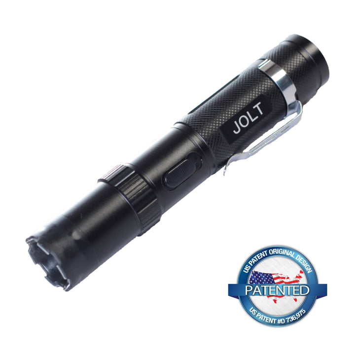 JOLT patented tactical stun gun flashlight with safety switch and metal clip