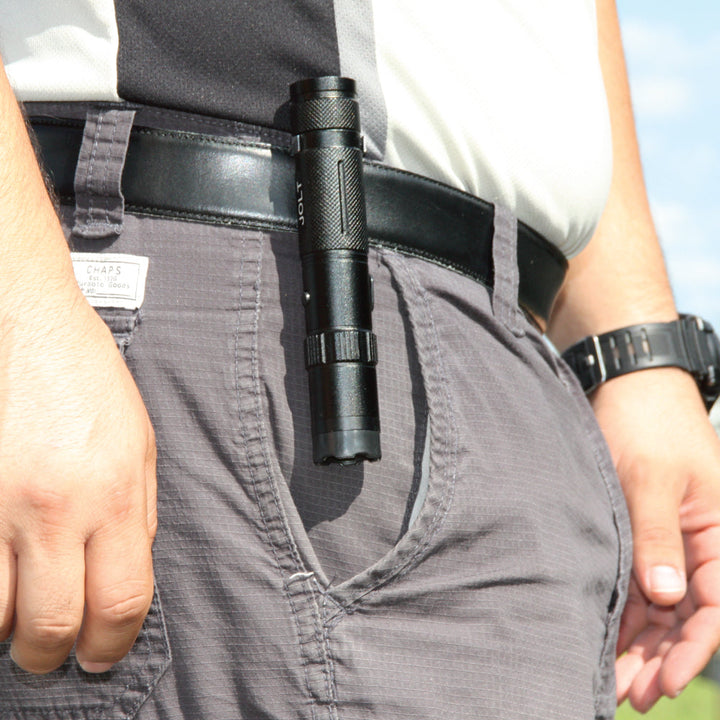 JOLT stun gun flashlight clipped to belt for easy everyday carry and quick access