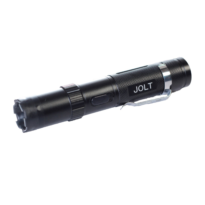 JOLT rechargeable stun gun flashlight with textured grip and metal pocket clip for self-defense
