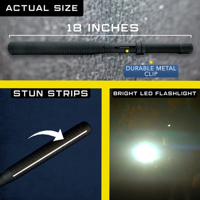 Streetwise 18-inch stun baton with durable metal clip, stun strips, and bright LED flashlight