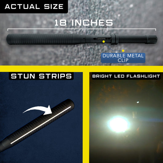 Streetwise 18-inch stun baton with durable metal clip, stun strips, and bright LED flashlight