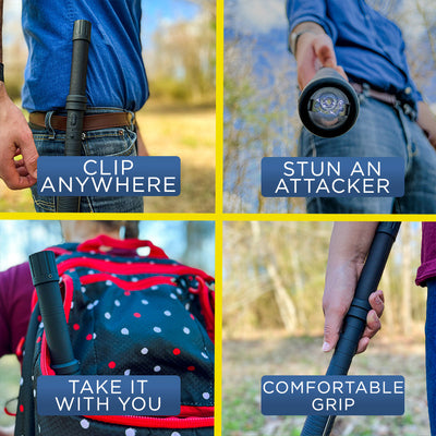 Streetwise stun baton lifestyle images showing clip-on carry, use against an attacker, backpack portability, and comfortable grip