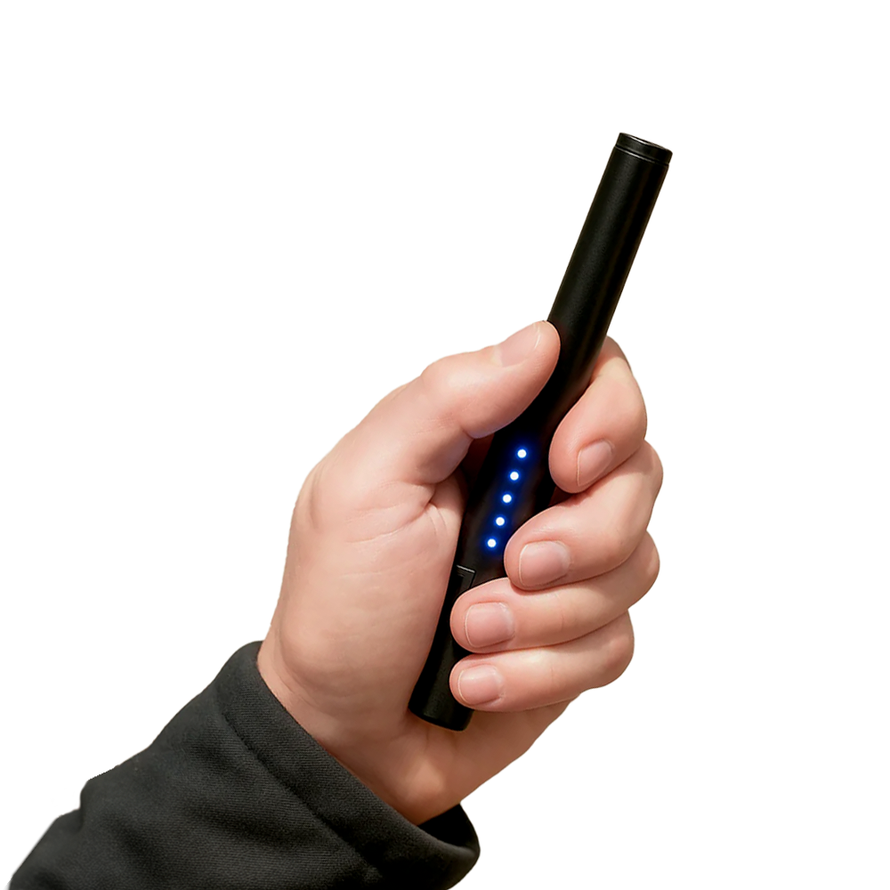 black pen stun gun in hand with rechargeable battery light indicator
