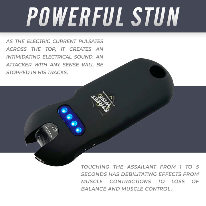 Streetwise rechargeable black keychain stun gun with blue LED battery display, designed for powerful electric stun protection