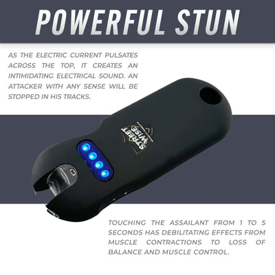 Streetwise rechargeable black keychain stun gun with blue LED battery display, designed for powerful electric stun protection
