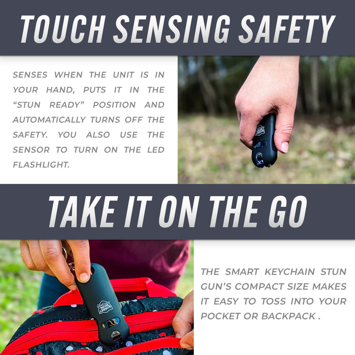 Streetwise keychain stun gun with touch-sensing safety feature, shown in hand and clipped to a backpack for easy carry