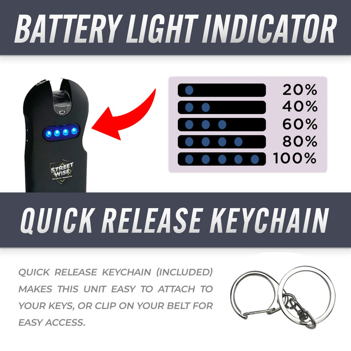Streetwise keychain stun gun with battery light indicator and quick-release keychain attachment for easy access