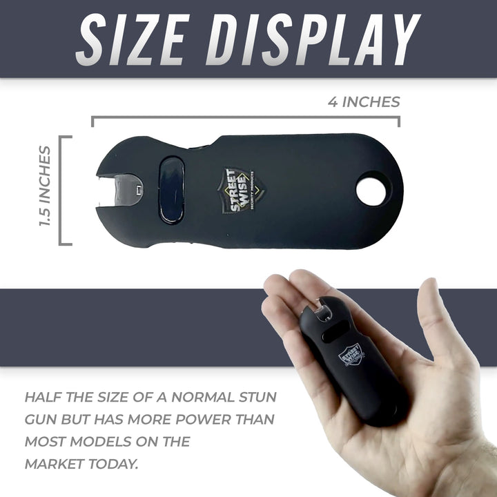 Streetwise mini keychain stun gun size display, 4 inches by 1.5 inches, shown in hand to demonstrate compact design