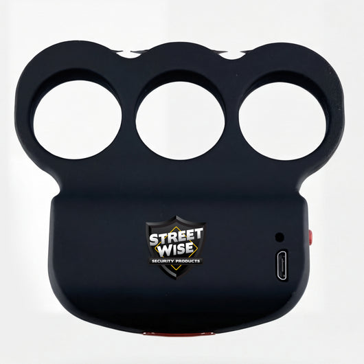 Streetwise Squeeze-N-Stun stun gun front view with three-ring knuckle design for personal protection