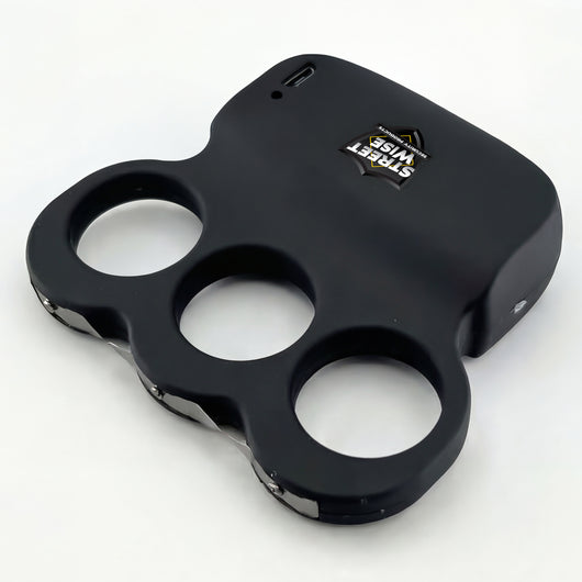 Streetwise Squeeze-N-Stun knuckle stun gun in black with triple ring grip and USB charging port