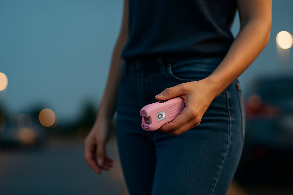 Woman holding a pink stun gun while walking to her car at dusk