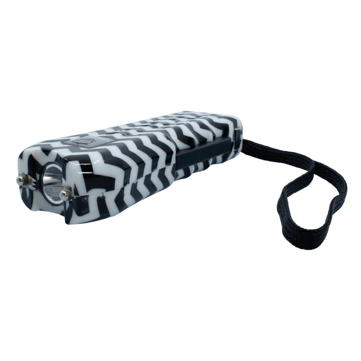 chevron pattern stun gun for women with flash light and wrist strap side view