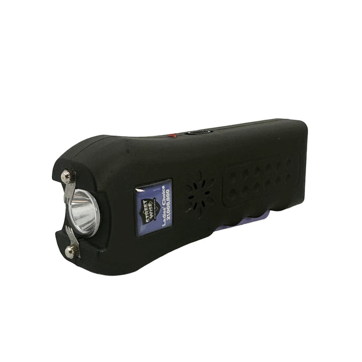 stun gun with flash light for women with purple accents front angle view
