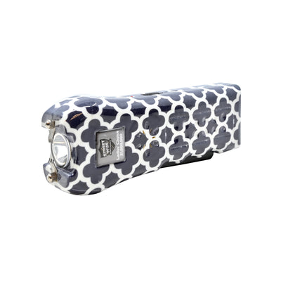 navy quatrefoil stun gun with flash light for women front angle view