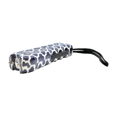 navy quatrefoil stun gun with flash light and wrist strap for women front side view