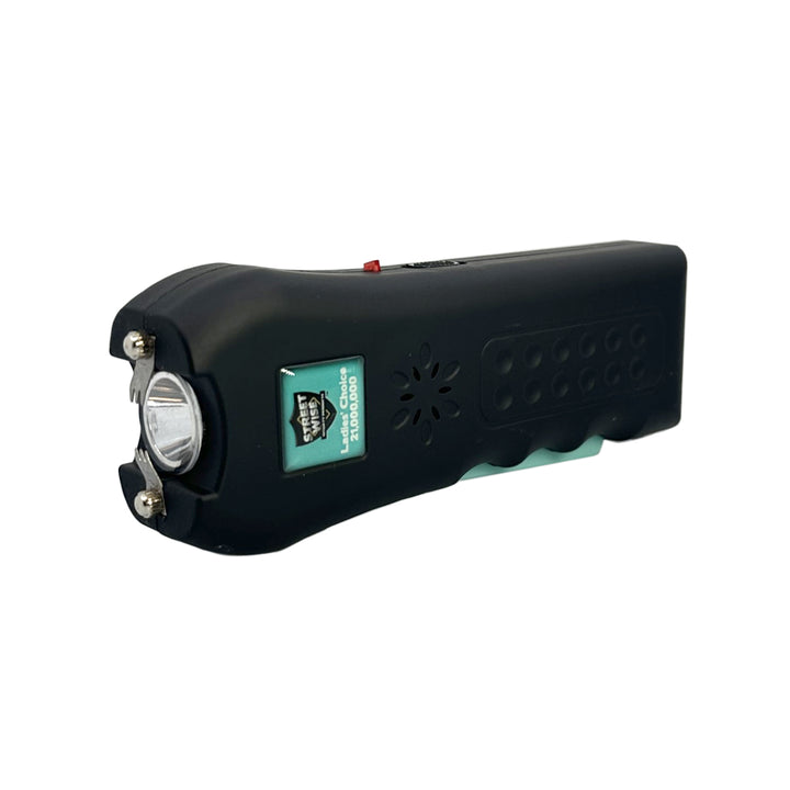 stun gun with flash light for women with teal accents front view
