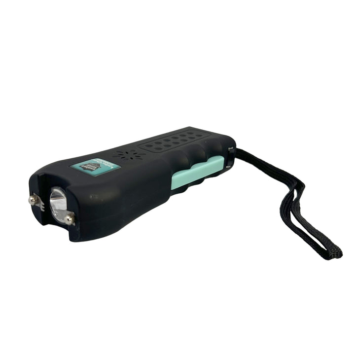 stun gun with flash light and wrist strap for women with teal accents side angle