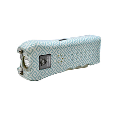 stun gun for women teal pattern with flash light front angle view