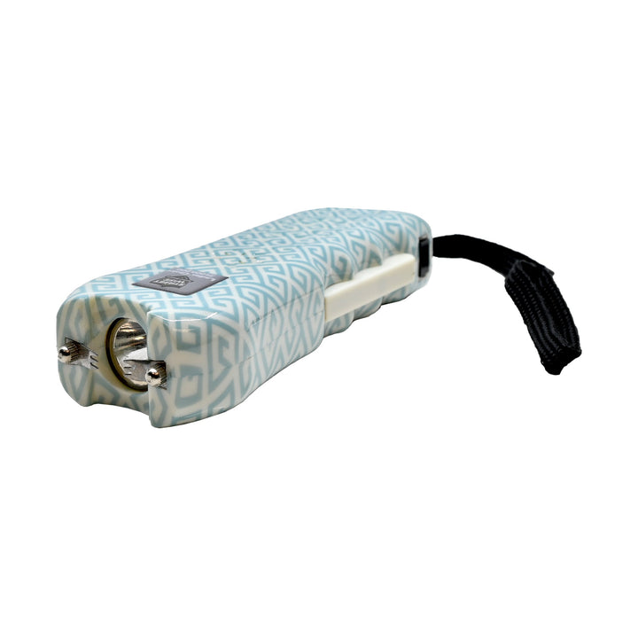 teal pattern stun gun with flash light and wrist strap for women front side angle
