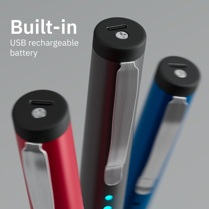 Rechargeable stun pens with built-in USB charging port, shown in red, black, and blue.