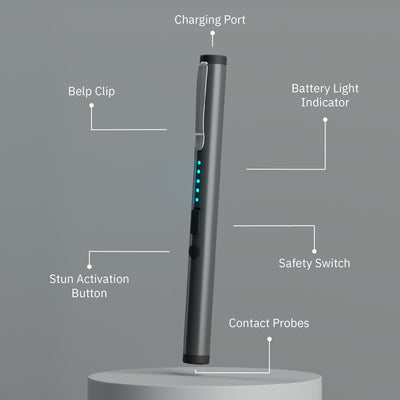 Rechargeable stun pen diagram highlighting features such as USB charging port, safety switch, LED battery indicator, and contact probes.