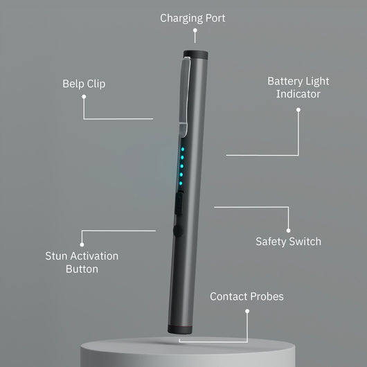 Rechargeable stun pen diagram highlighting features such as USB charging port, safety switch, LED battery indicator, and contact probes.
