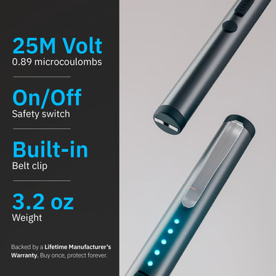 Rechargeable 25 million volt stun pen with on/off safety switch, built-in belt clip, 3.2 oz lightweight design, and lifetime manufacturer’s warranty.