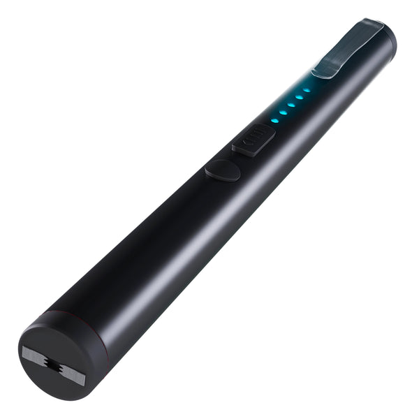 Sleek black pen stun gun with LED power indicators and pocket clip for discreet self-defense