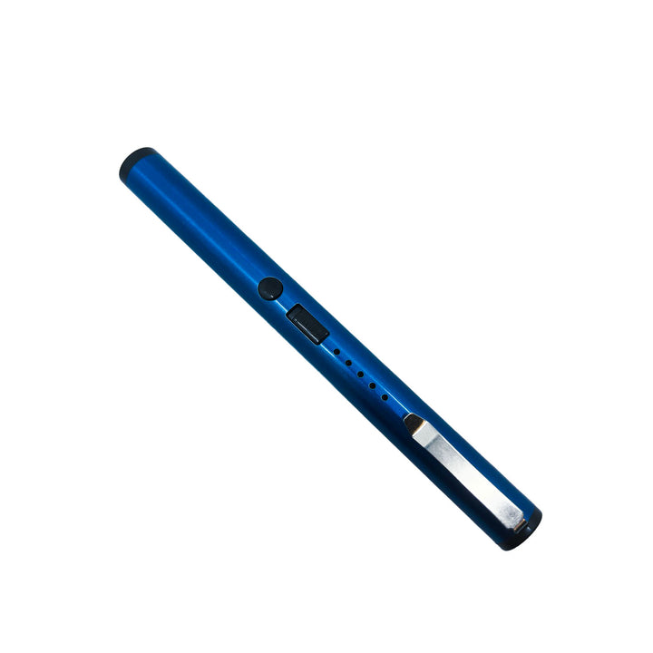 Streetwise rechargeable blue stun pen with safety switch, activation button, LED indicator lights, and clip for easy carry.