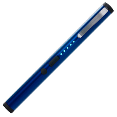 Streetwise rechargeable blue stun pen with safety switch, activation button, LED indicator lights, and clip for easy carry.
