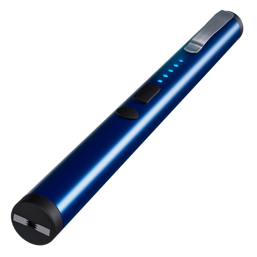 Streetwise rechargeable blue stun pen with blue LED battery indicator lights, safety switch, and pocket clip
