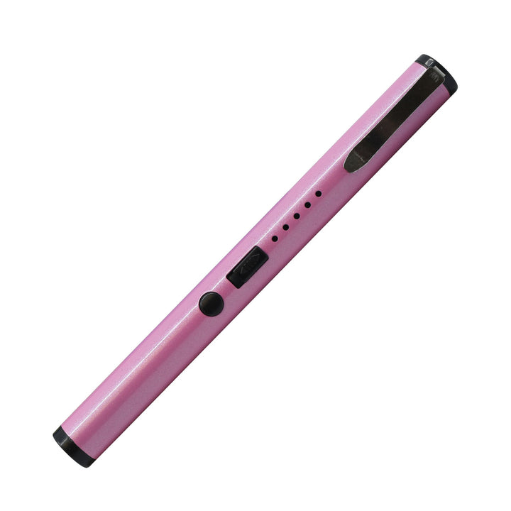 Streetwise rechargeable pink stun pen with pocket clip, activation button, and battery indicator lights for self-defense