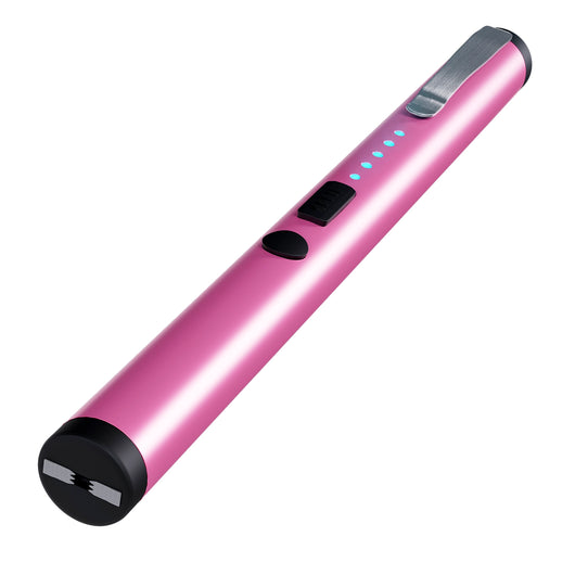 Sleek pink pen stun gun with LED power indicators and pocket clip for discreet self-defense