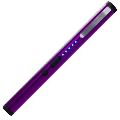 Streetwise rechargeable purple stun pen with sleek metallic finish, safety switch, LED battery indicators, and pocket clip