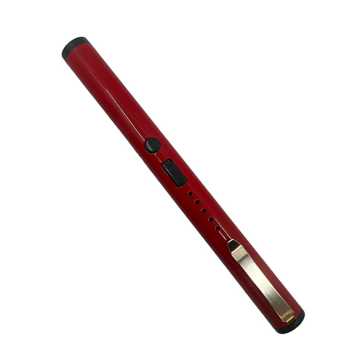 Streetwise rechargeable red stun pen with black safety switch, activation button, LED power indicator, and pocket clip