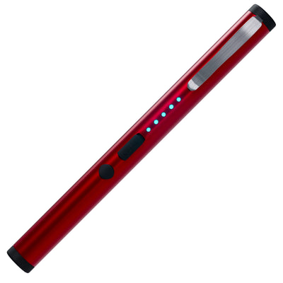 Streetwise rechargeable red stun pen with black safety switch, activation button, LED power indicator, and pocket clip