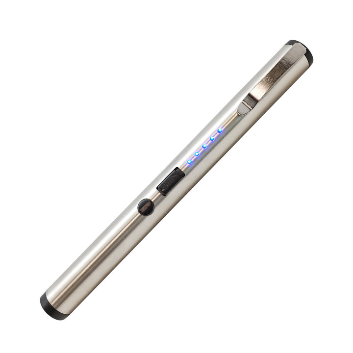 Streetwise rechargeable silver stun pen with blue LED battery indicator lights, safety switch, and pocket clip