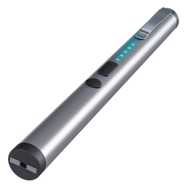 Streetwise rechargeable silver stun pen with blue LED battery indicator lights, safety switch, and pocket clip