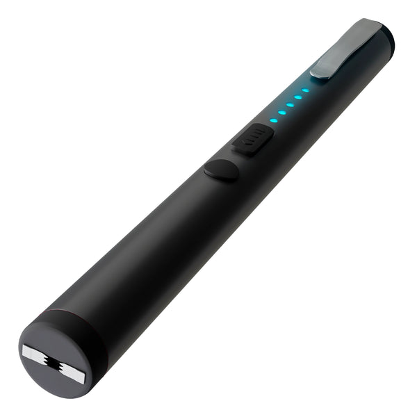 Sleek black pen stun gun with LED power indicators and pocket clip for discreet self-defense